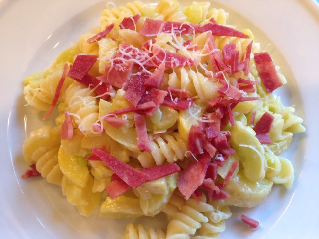 Creamy Rotini with Yellow Squash and Turkey Bacon